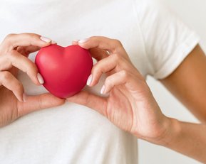 Eine Person hält ein rotes Herz aus Gummi mit beiden Händen vor ihrem Oberkörper. Sie trägt ein weißes T-Shirt.