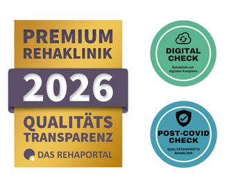 Premium Rehaklinik 2026, Qualitäts-Transparenz, mit den Siegeln "Digital Check" und "Post-Covid Check" für geprüfte Qualität.